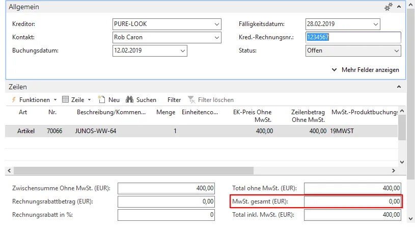 Einkaufsrechnung - MwSt. gesamt (EUR)