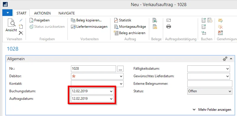 Arbeitsdatum - Verkaufsauftrag - Buchungsdatum Auftragsdatum