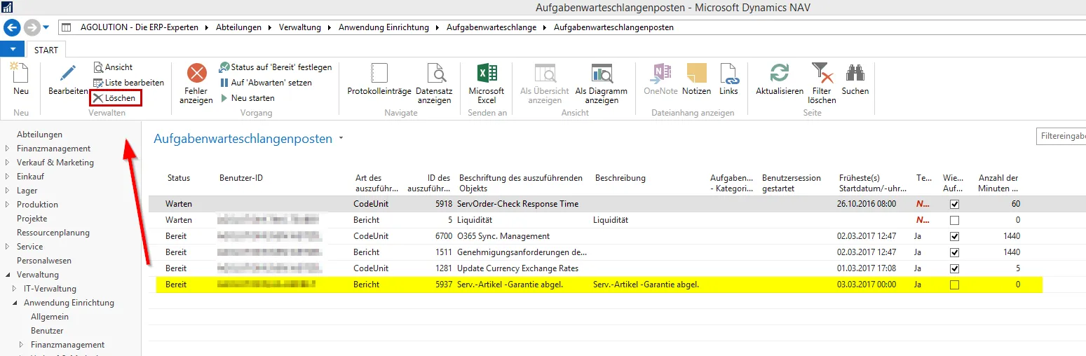 Aufgabenwarteschlangenposten - Löschen