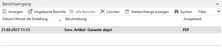 Berichtseingang - Beleg Service-Artikel-Garantie abgelaufen
