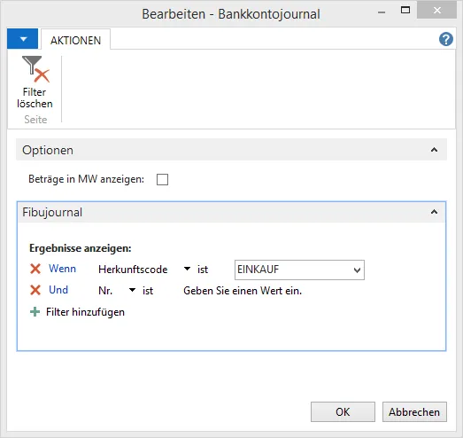 Berichtseinstellungen - Bankkontojournal - Filterung ändern