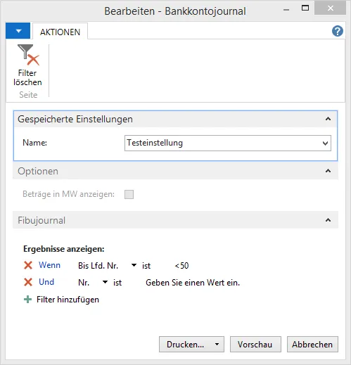 Bankkontojournal - Gespeicherte Einstellungen - Testeinstellung