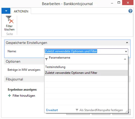 Bankkontojournal - Gespeicherte Einstellungen