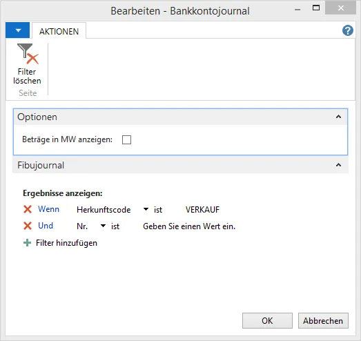 Berichtseinstellungen - Bankkontojournal - Gespeicherte Filterung