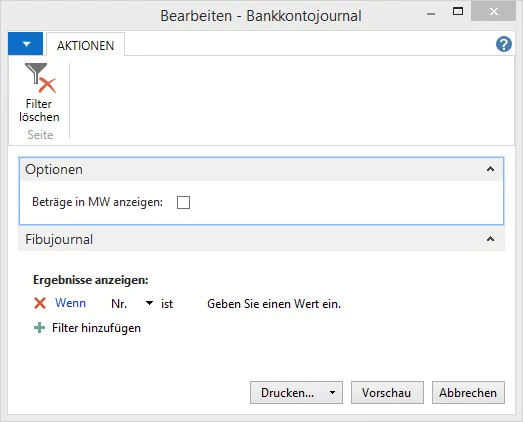 Berichtseinstellungen - Bankkontojournal