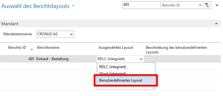 Auswahl des Berichtslayouts - Benutzerdefiniertes Layout