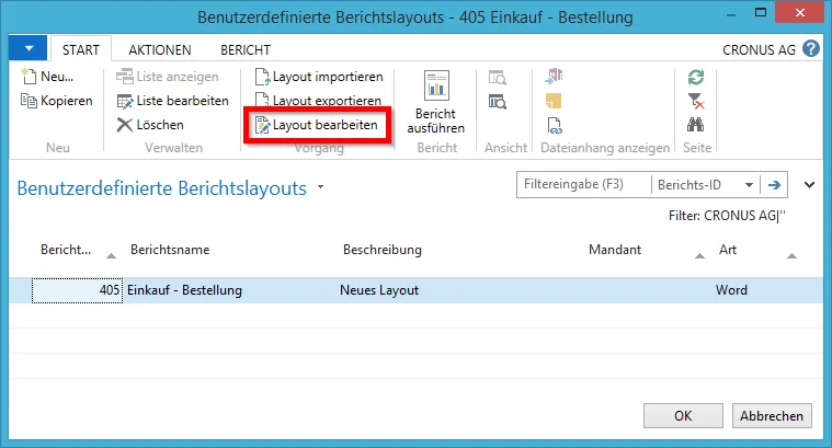 Benutzerdefinierte Berichtslayouts - Layout bearbeiten