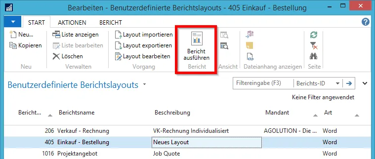 Benutzerdefinierte Berichtslayouts - Bericht ausführen