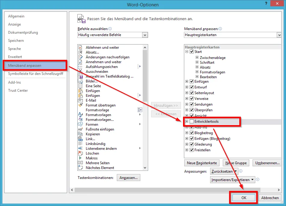 Word-Optionen - Menüband anpassen - Entwicklertools