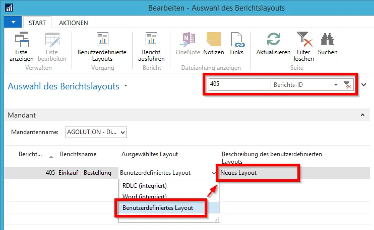 Auswahl des Berichtslayouts - Neues benutzerdefiniertes Layout