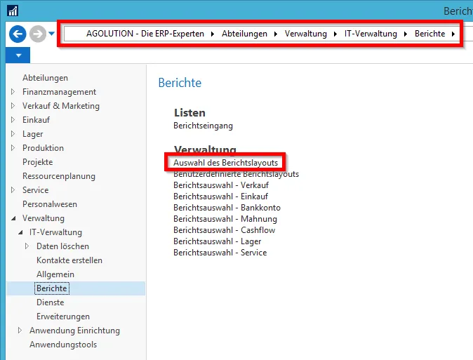 Pfad - Auswahl des Berichtslayouts