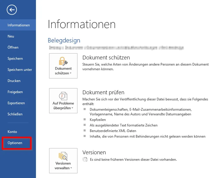 Word - Datei - Optionen