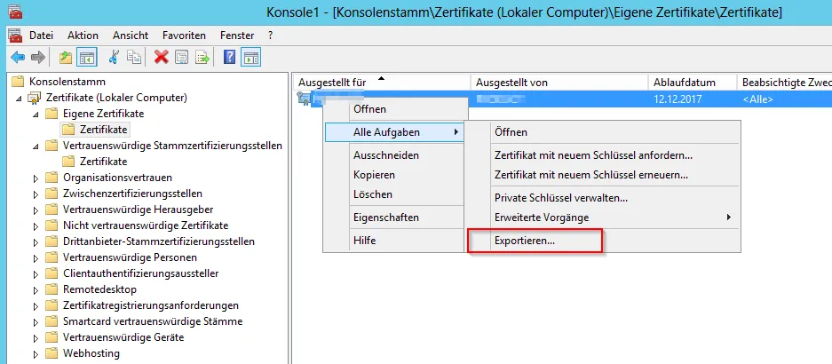 Zertifikate - Alle Aufgaben - Exportieren&hellip;