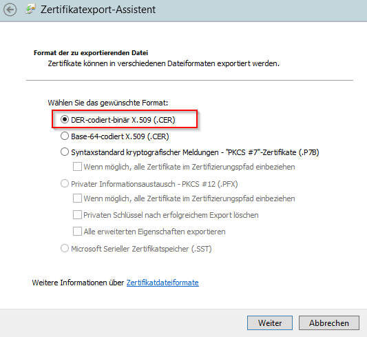Zertifikatexport-Assistent - Format der zu exportierenden Datei