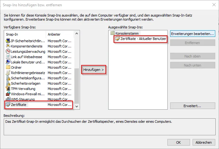 Snap-In hinzufügen bzw. entfernen - Zertifikate