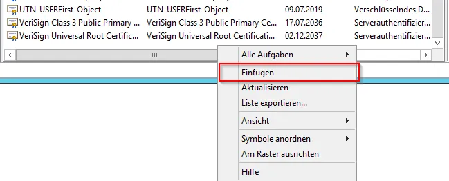 Zertifikat unter Vertrauenswürdige Stammzertifizierungstellen einfügen