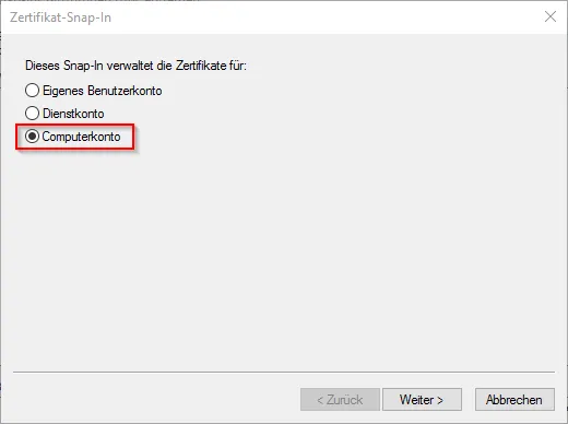 Zertifikat-Snap-In - Computerkonto