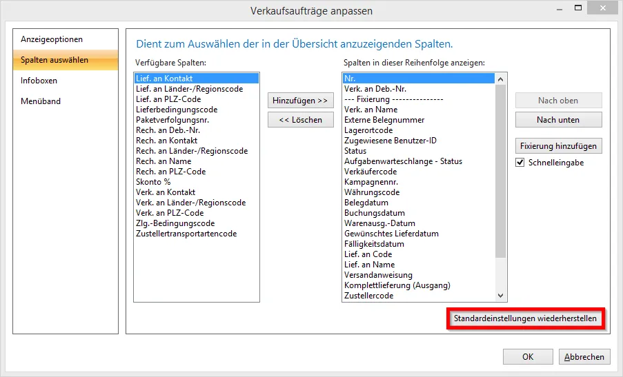 Verkaufsaufträge anpassen - Standardeinstellungen wiederherstellen