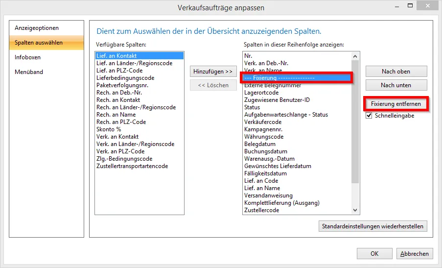 Verkaufsaufträge anpassen - Fixierung entfernen