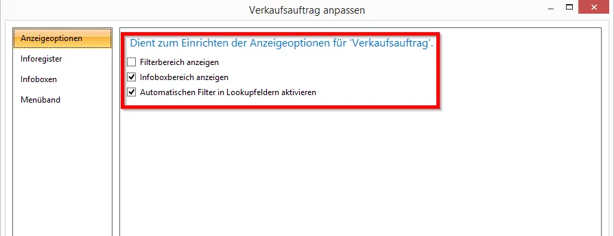 Verkaufsauftrag anpassen - Anzeigeoptionen