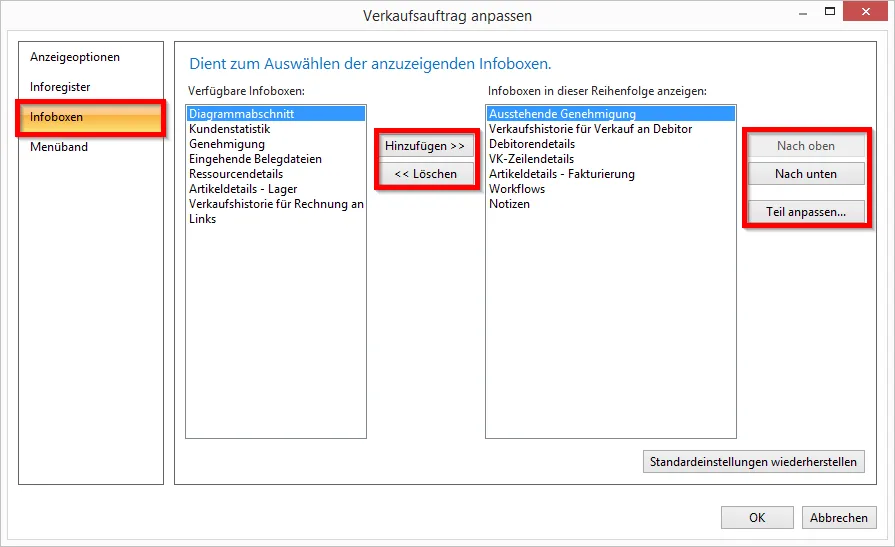 Verkaufsauftrag anpassen - Infoboxen