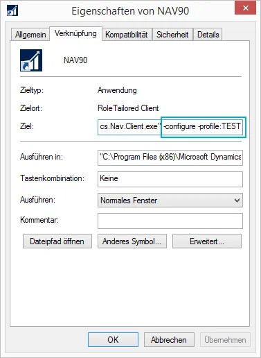 Verknüpfung - Eigenschaften - NAV Profil