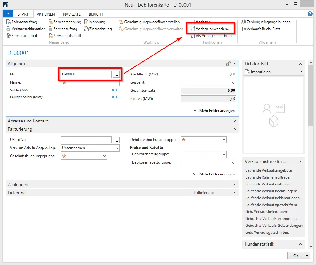 Debitorenkarte - Vorlage anwenden&hellip;