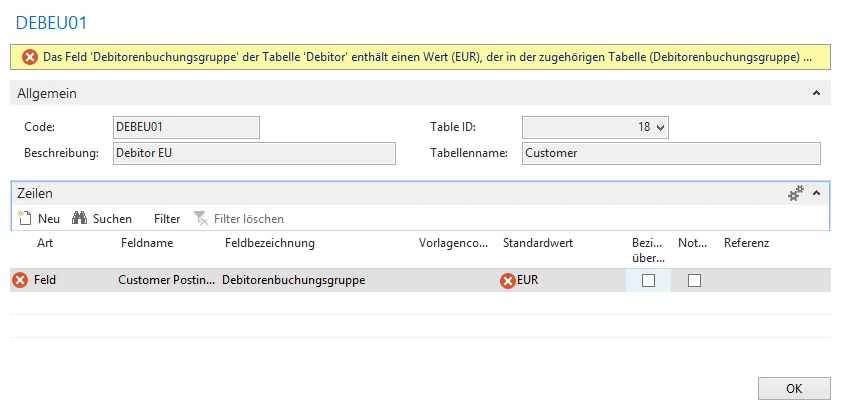 Fehlermeldung Debitorenbuchungsgruppe