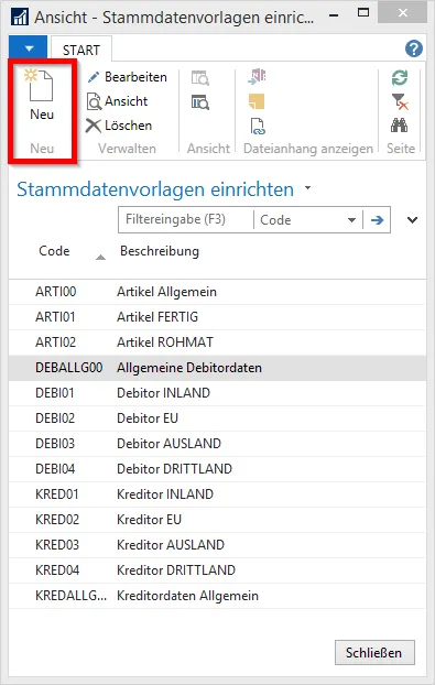 Stammdatenvorlagen einrichten - Neu