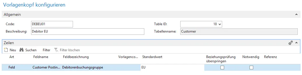 Vorlagenkopf konfigurieren - Zeilen befüllen