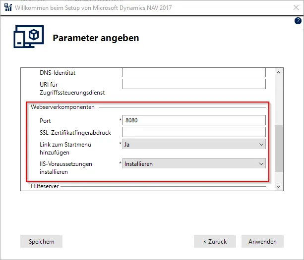 Setup Microsoft Dynamics NAV 2017 - Parameter angeben - Webserverkomponenten