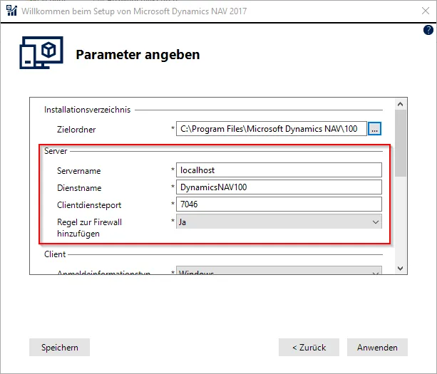 Setup Microsoft Dynamics NAV 2017 - Parameter angeben - Server