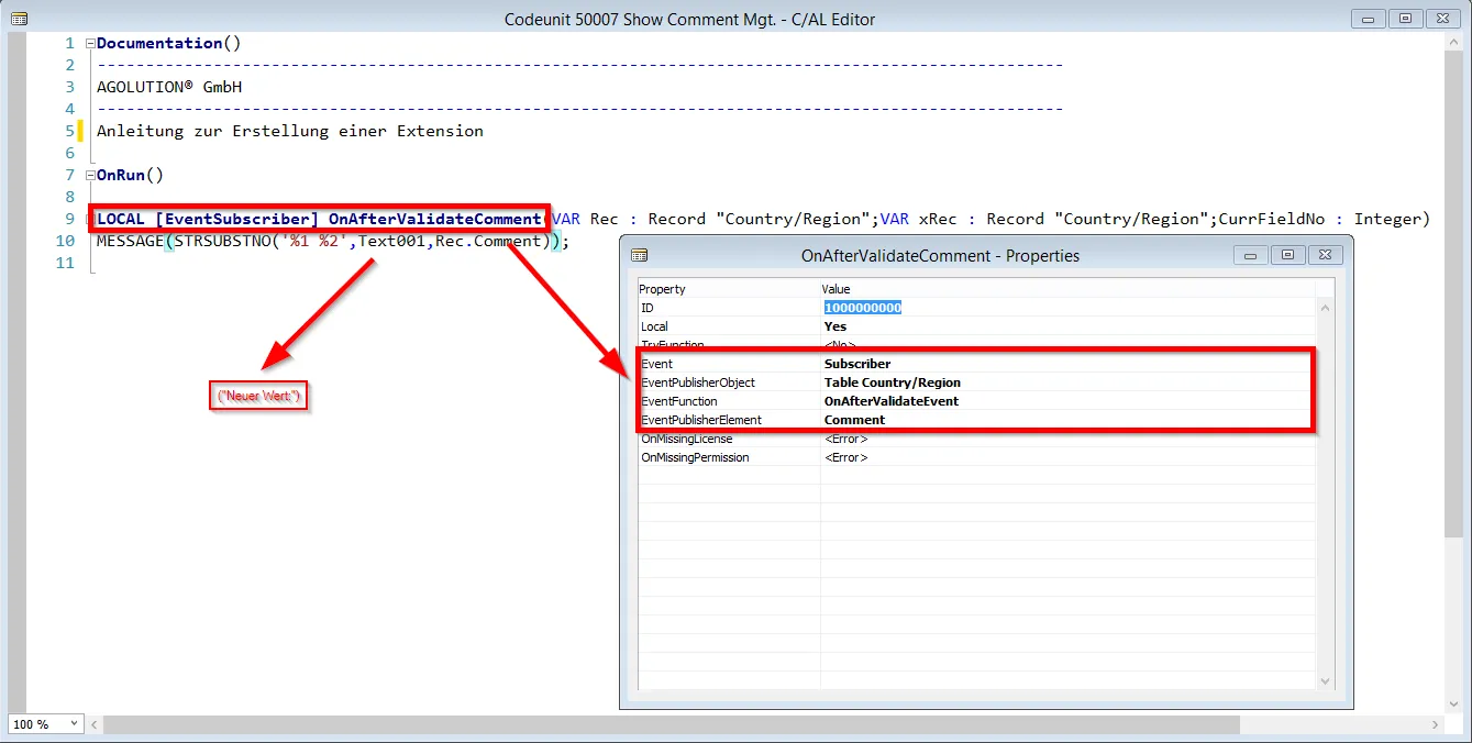 Neue Codeunit - Show Comment Mgt - EventSubscriber