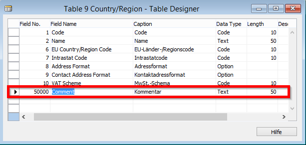 Table 9 Country/Region - Neues Feld