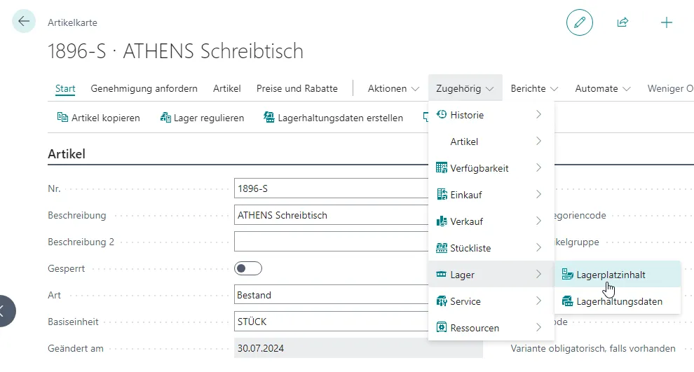 Artikelkarte - Navigieren - Lager - Lagerplatzinhalt