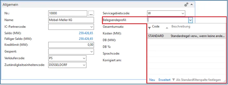 Debitorenkarte - Belegsendeprofil