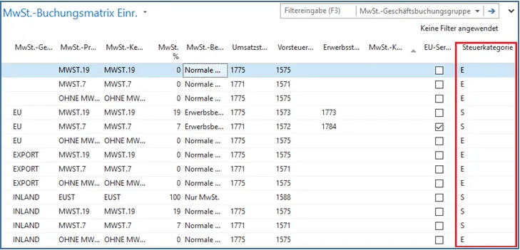 MwSt.-Buchungsmatrix Einrichtung - Steuerkategorie