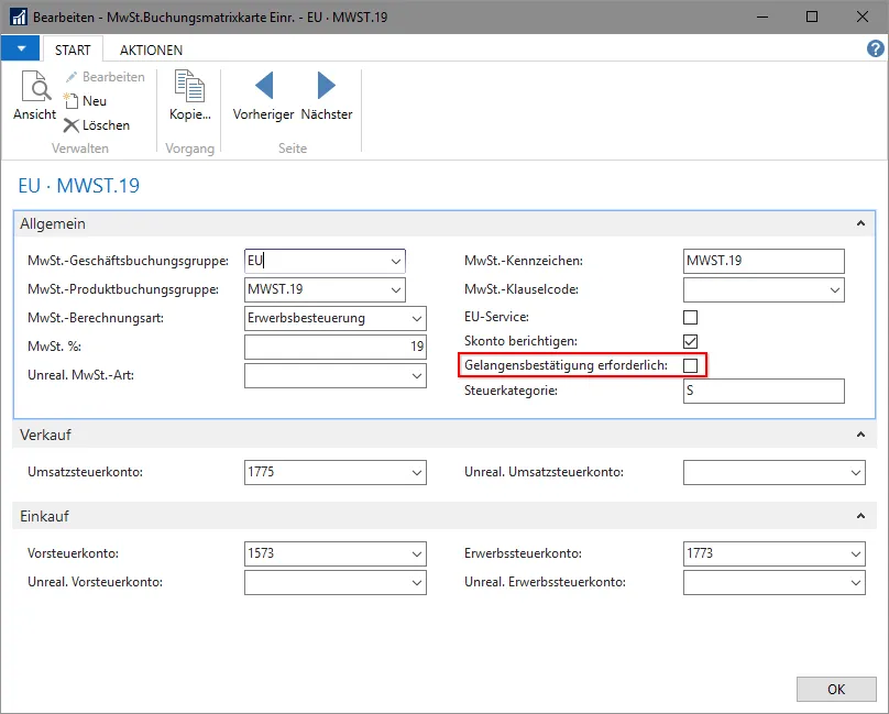 MwSt.Buchungsmatrixkarte Einr. - Gelangensbestätigung erforderlich