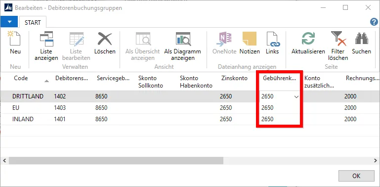 Debitorenbuchungsgruppen - Gebührenkonto