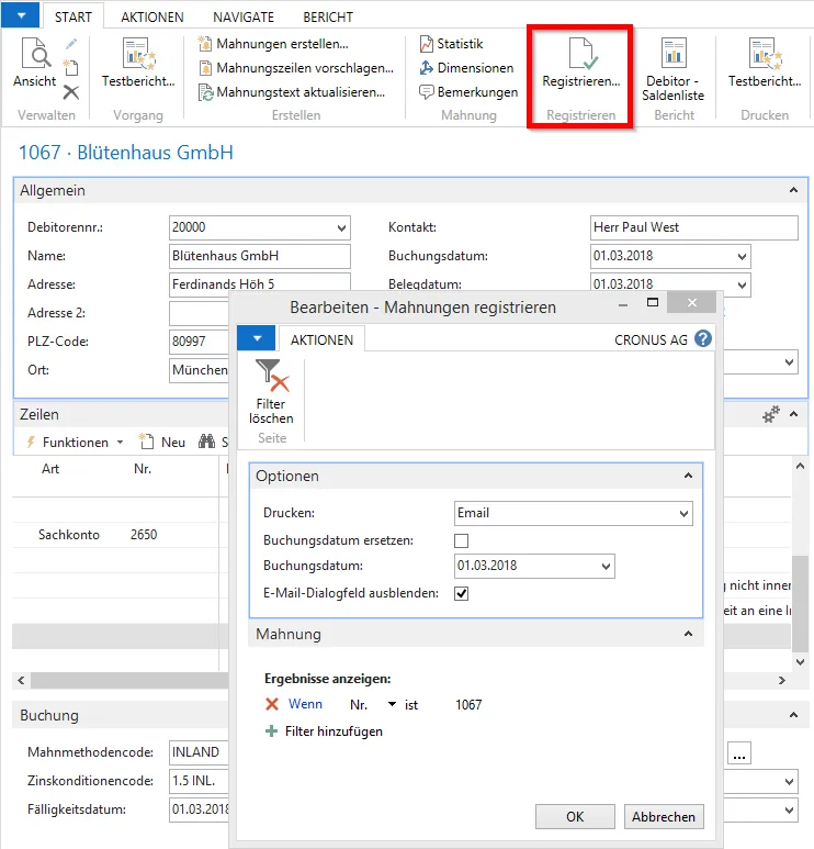 Debitorenkarte - Mahnungen registrieren