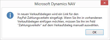 Meldung Link für den PayPal-Zahlungsverkehr