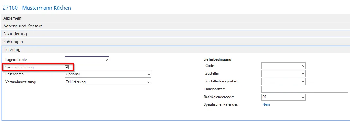 Debitorenkarte - Inforegister Lieferung - Sammelrechnung