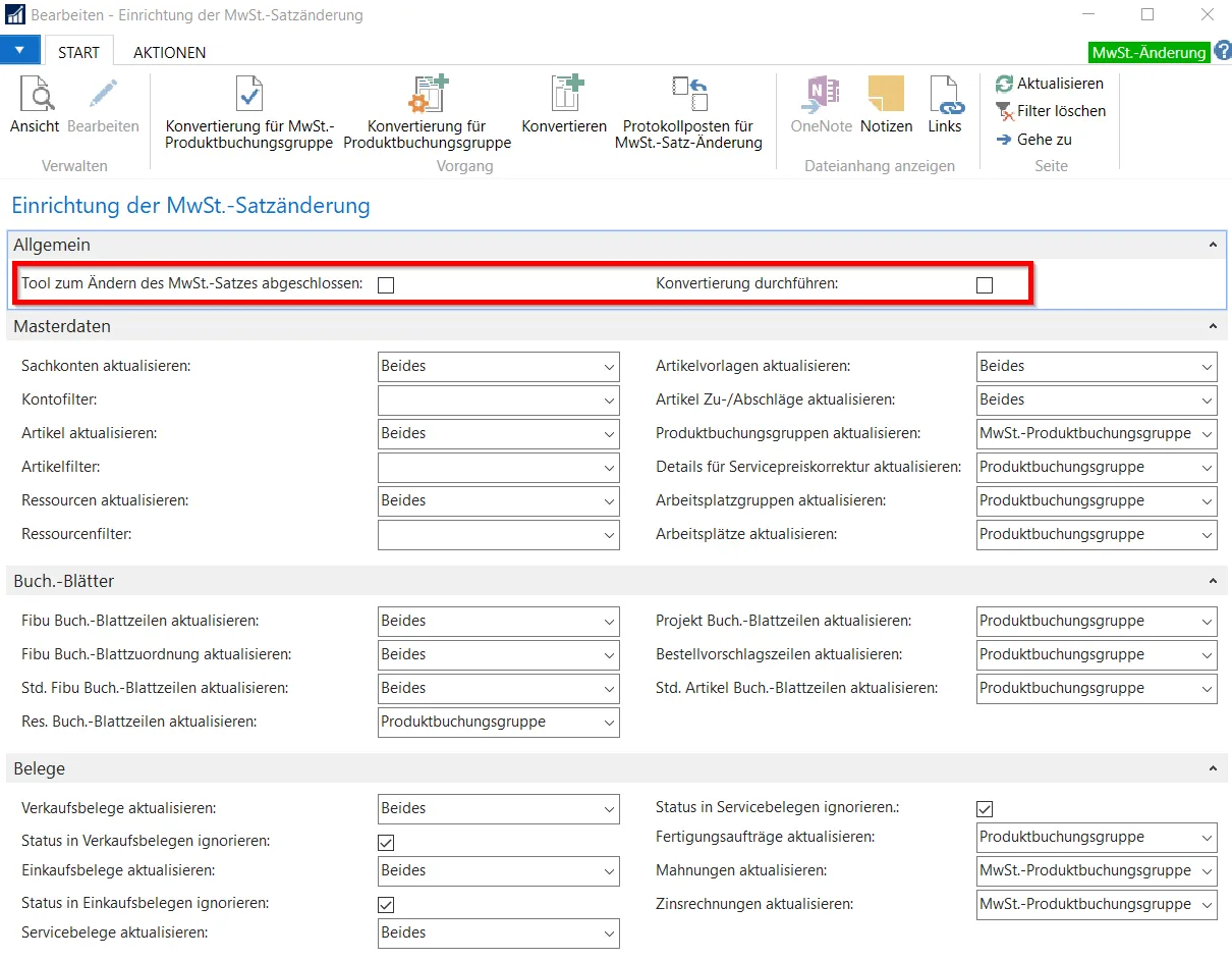 Einrichtung der MwSt.-Satzänderung - Inforegister Allgemein