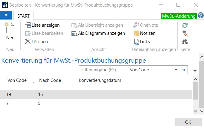 Konvertierung für MwSt.-Produktbuchungsgruppe