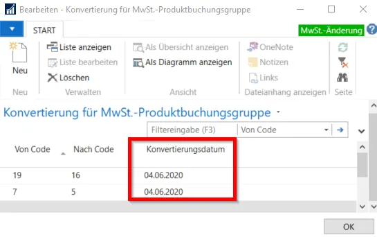 Konvertierung für MwSt.-Produktbuchungsgruppe - Konvertierungsdatum