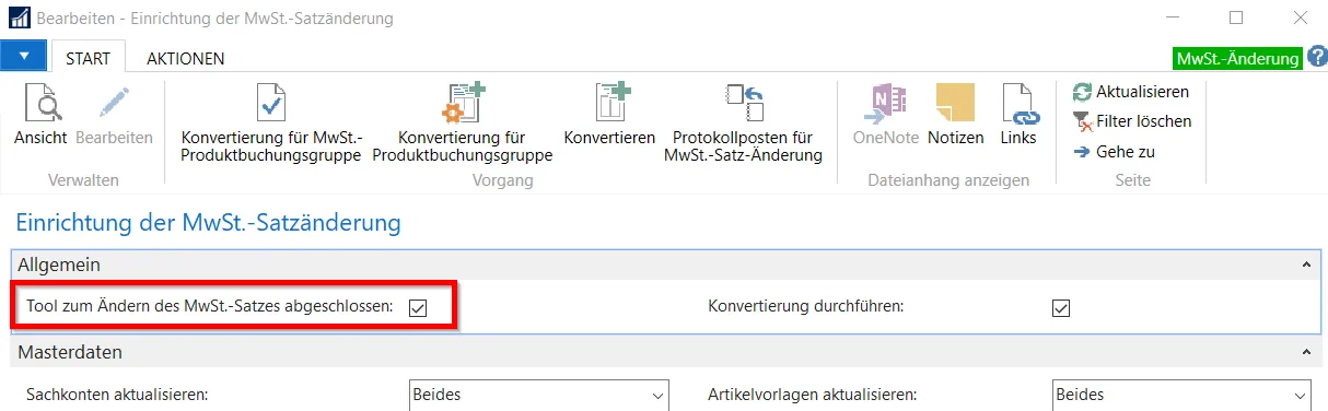 Einrichtung der MwSt.-Satzänderung - Tool zum Ändern des MwSt.-Satzes abgeschlossen