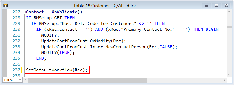 Tabelle Customer - SetDefaultWorkflow in Code einbauen
