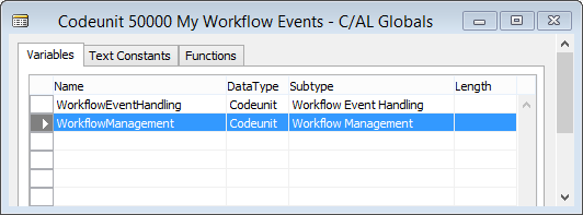 Codeunit MyWorkflowEvents - Neue globale Variable WorkflowManagment