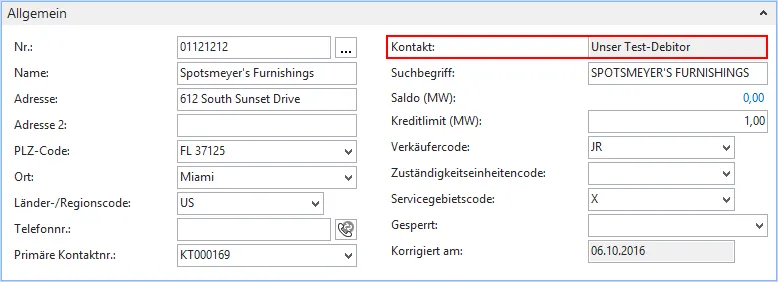 Debitorenkarte - Kontaktfeld ändern