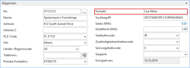 Debitorenkarte - Kontaktfeld